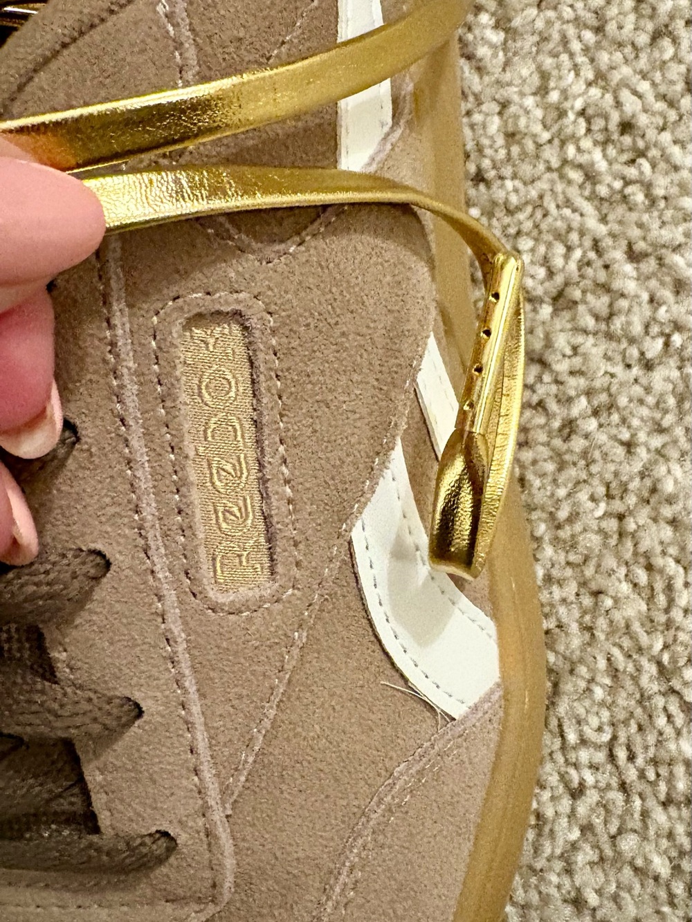 NEW (without box) Reebok Women's Taupe Suede Sneakers with Metallic Gold Accents